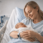 Jeune mère souriante en chambre d'hôpital tenant nouveau-né dans bras évoquant débat sur GPA en France et gestation pour autrui