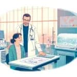 Une illustration en français représentant une jeune femme dans une clinique de FIV en Belgique. La scène montre une jeune femme dans un cadre médical