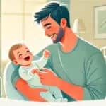illustration d'un père célibataire avec un bébé. Le père interagit joyeusement avec le bébé dans un environnement chaleureux et nourrissant