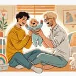 Couple homosexuel heureux avec un bébé illustrant devenir parent homo