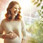 Une image joyeuse d'une femme enceinte souriante dans un cadre naturel ou familial. La femme rayonne de bonheur et de douceur