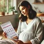 Femme enceinte consultant un calendrier menstruel pour comprendre si on peut tomber enceinte pendant les règles