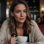 Femme seule assise dans café sirotant tasse pensant à PMA femme seule pour réaliser son projet de maternité solo