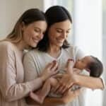 Couple de femmes accueillant leur bébé après une PMA illustrant la filiation pour les couples lesbiens