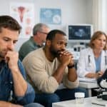 Hommes et professionnel de santé discutant du processus de don avec des donneurs de sperme en clinique française