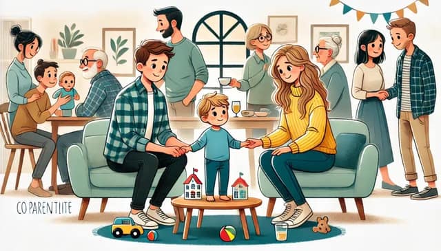 Une illustration en français représentant la coparentalité, mettant en scène un couple de femmes et un couple d'hommes. Ils partagent ensemble la parentalité