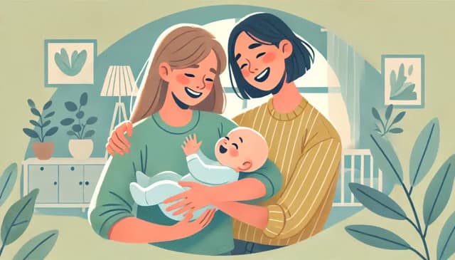 illustration d'un couple de lesbiennes avec un bébé. Le couple tient joyeusement ou interagit avec leur bébé dans une ambiance chaleureuse