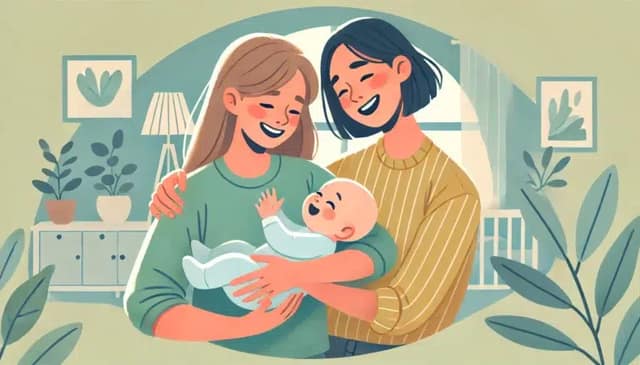 illustration d'un couple de lesbiennes avec un bébé. Le couple tient joyeusement ou interagit avec leur bébé dans une ambiance chaleureuse