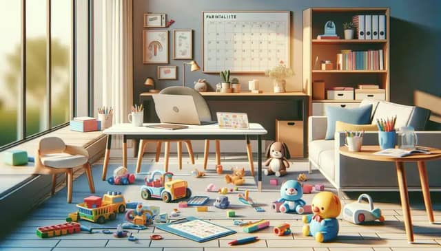 Une scène parentale moderne : des jouets d'enfant éparpillés sur le sol, un ordinateur portable ouvert avec des articles parentaux et un calendrier rempli d'activités familiales