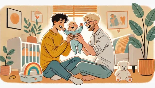 Couple homosexuel heureux avec un bébé illustrant devenir parent homo