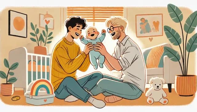 Couple homosexuel heureux avec un bébé illustrant devenir parent homo