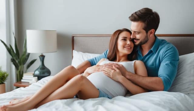 un homme et une femme dans un lit qui s'accouple avec une insémination naturelle pour avoir un enfant