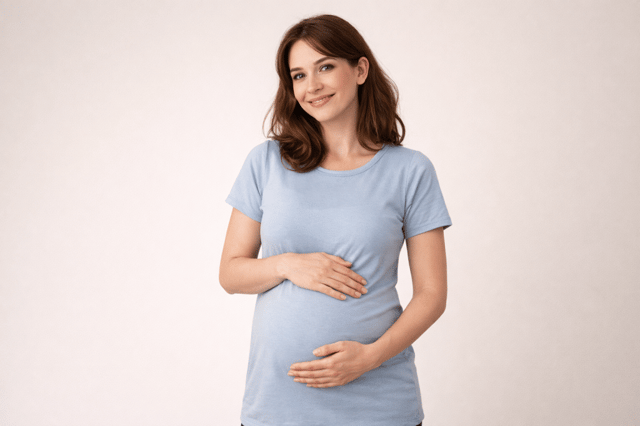 Mère porteuse France femme enceinte pose en tenant son ventre dans un contexte de gestation pour autrui