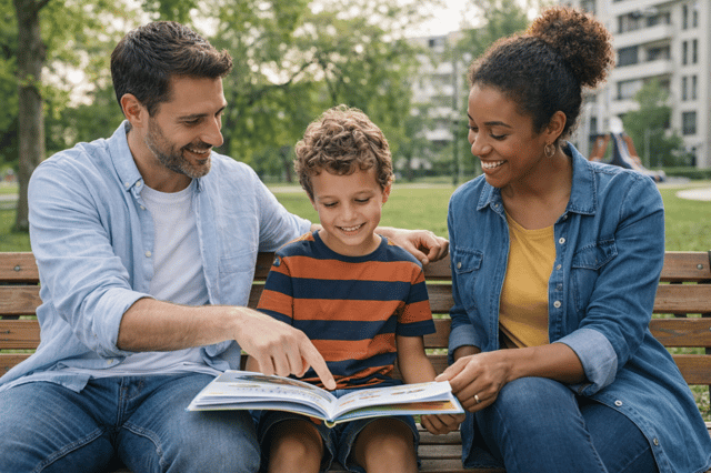 Couple de co-parents lisant un livre avec leur enfant sur un banc de parc illustrant comment devenir parents coparentalité