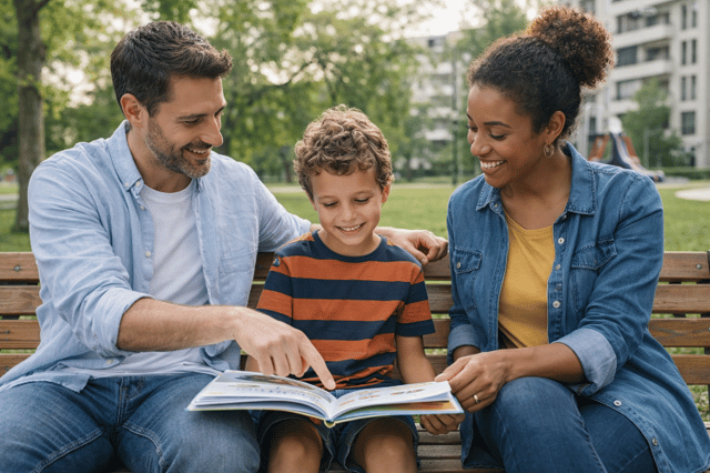 Couple de co-parents lisant un livre avec leur enfant sur un banc de parc illustrant comment devenir parents coparentalité
