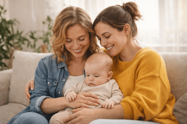 Coparentalité Belgique avec deux mères et leur bébé dans un moment familial
