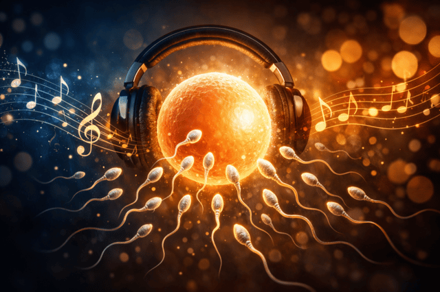Illustration artistique d'un ovocyte lumineux avec un casque audio entouré de spermatozoïdes et notes de musique, illustrant le lien entre musique et fécondation
