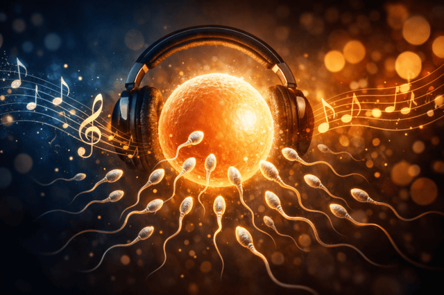 Illustration artistique d'un ovocyte lumineux avec un casque audio entouré de spermatozoïdes et notes de musique, illustrant le lien entre musique et fécondation