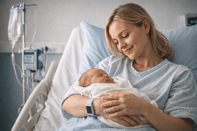 Jeune mère souriante en chambre d'hôpital tenant nouveau-né dans bras évoquant débat sur GPA en France et gestation pour autrui