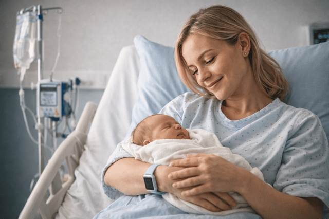 Jeune mère souriante en chambre d'hôpital tenant nouveau-né dans bras évoquant débat sur GPA en France et gestation pour autrui