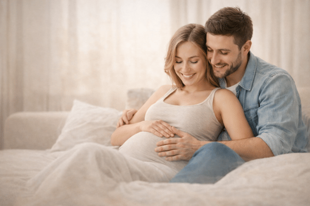 Préparation grossesse couple heureux attendant un bébé dans un moment intime