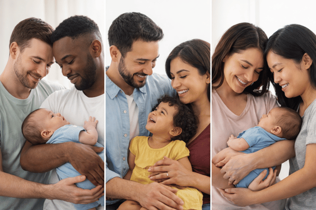 Fonder une famille avec des couples et parents de différentes origines partageant des moments de tendresse avec leurs enfants