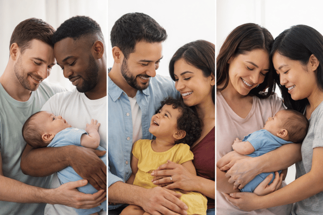 Fonder une famille avec des couples et parents de différentes origines partageant des moments de tendresse avec leurs enfants