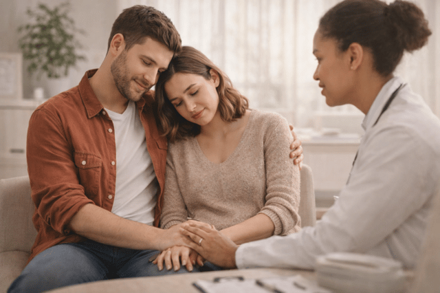 Don de spermatozoïde avec couple en consultation médicale discutant fertilité