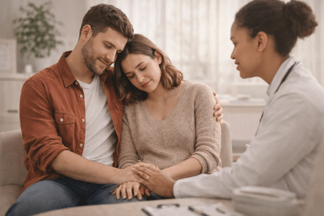 Don de spermatozoïde avec couple en consultation médicale discutant fertilité