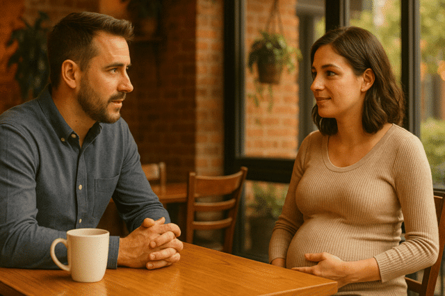 Homme et femme enceinte discutant dans café de leur projet après rencontre coparentalité pour future parentalité partagée