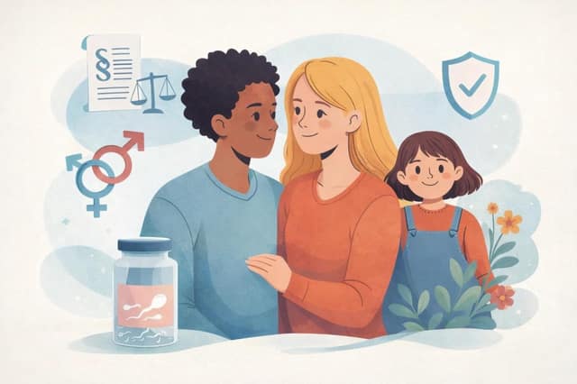 Couple diversifié avec leur enfant entouré de symboles juridiques illustrant la parentalité transgenre et la co-parentalité