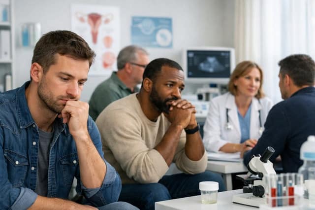 Hommes et professionnel de santé discutant du processus de don avec des donneurs de sperme en clinique française