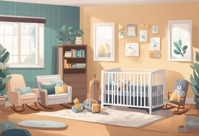 Chambre avec un berceau des jouets et une chaise à bascule