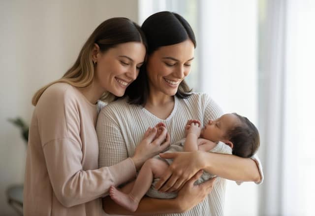 Couple de femmes accueillant leur bébé après une PMA illustrant la filiation pour les couples lesbiens