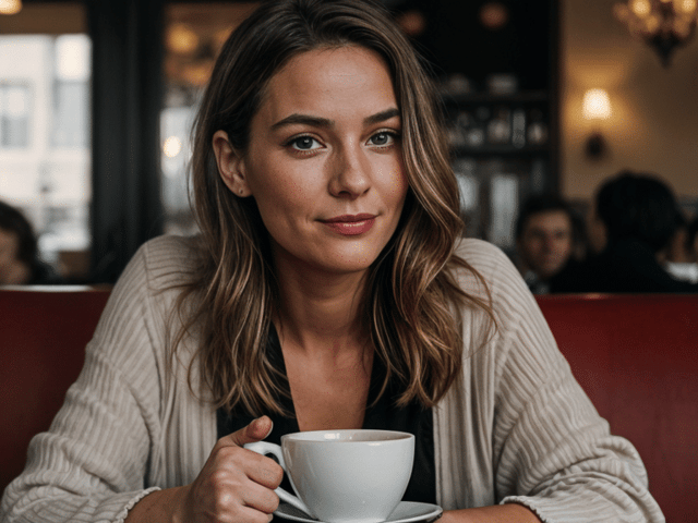 Femme seule assise dans café sirotant tasse pensant à PMA femme seule pour réaliser son projet de maternité solo