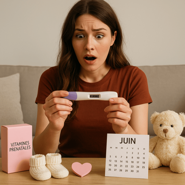 Femme surprise tenant un test de grossesse illustrant les symptômes grossesse