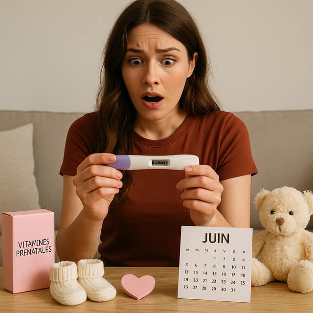 Femme surprise tenant un test de grossesse illustrant les symptômes grossesse
