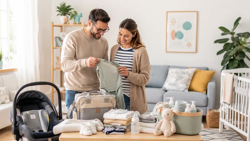 liste naissance préparée par de futurs parents avec des affaires de bébé