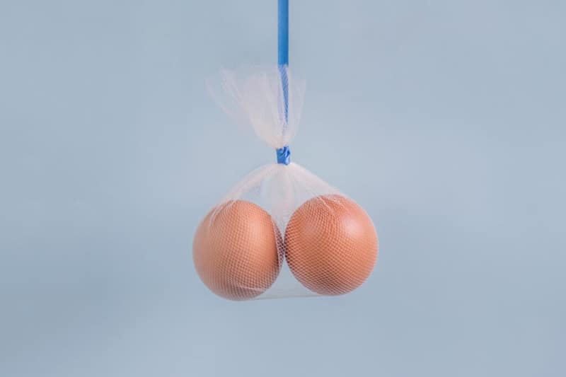 Concept de vasectomie deux oeufs dans un sac de tulle avec ruban