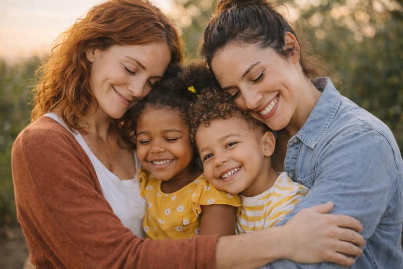 Famille homoparentale deux femmes avec deux enfants moment de tendresse