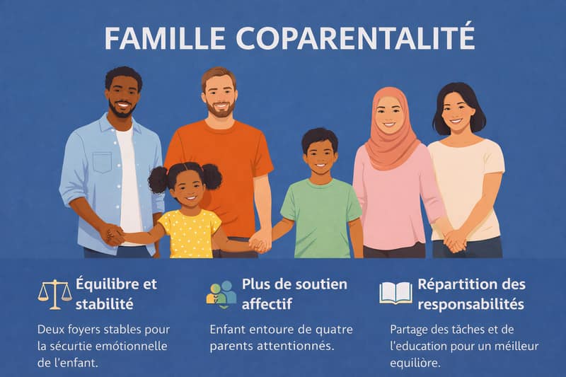 Coparentalité avantages illustration famille avec plusieurs parents équilibre stabilité soutien affectif