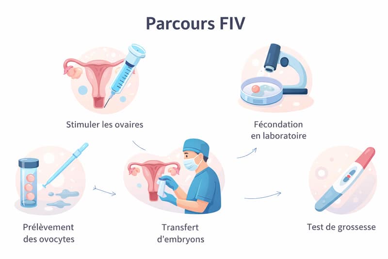 Parcours FIV illustré avec les étapes de stimulation ovarienne, prélèvement des ovocytes, fécondation en laboratoire, transfert d’embryons et test de grossesse