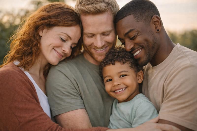 Devenir parent LGBTQ avec deux hommes une femme et un enfant moment de tendresse