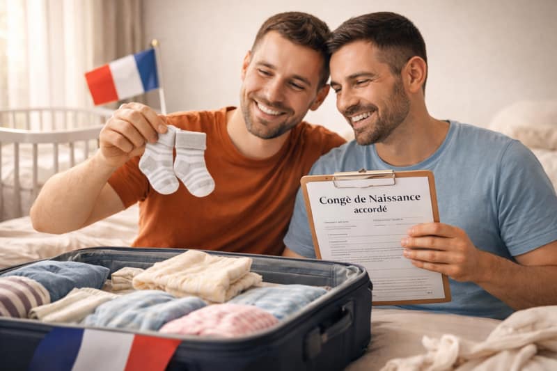 Couple masculin tenant chaussons de bébé et document congé de naissance accordé avec drapeau français préparant valise maternité