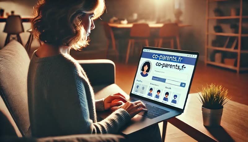 Femme naviguant sur le site Co-Parents.fr sur son ordinateur pour choisir un co-parent dans un salon moderne
