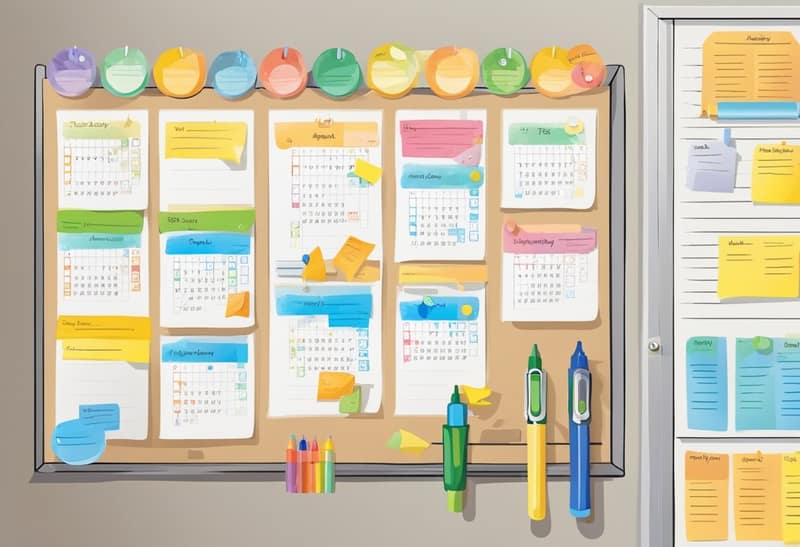 calendrier familial mural avec marqueurs colorés illustrant l'organisation de la coéducation parentale