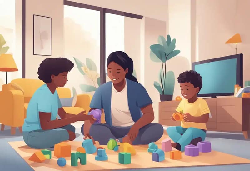 un enfant joue pendant que deux adultes discutent, illustrant la coéducation parentale au quotidien