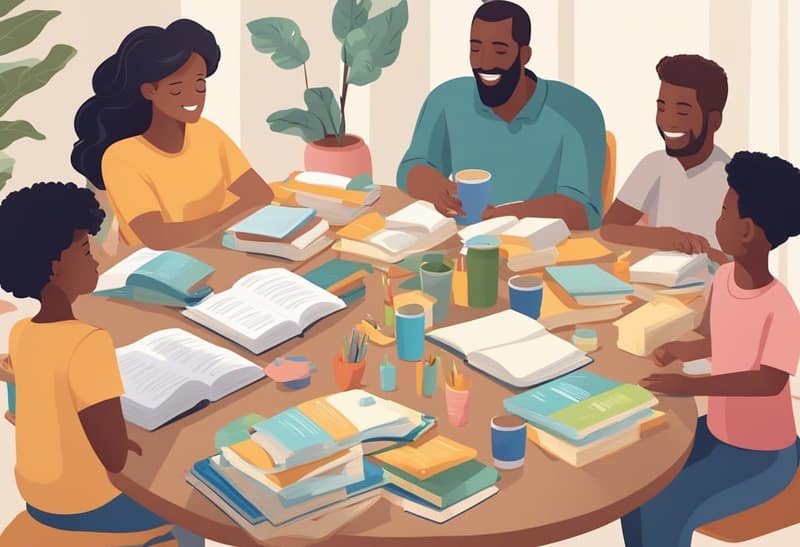 groupe de familles diversifiées réunies autour d'une table partageant des ressources de coéducation parentale