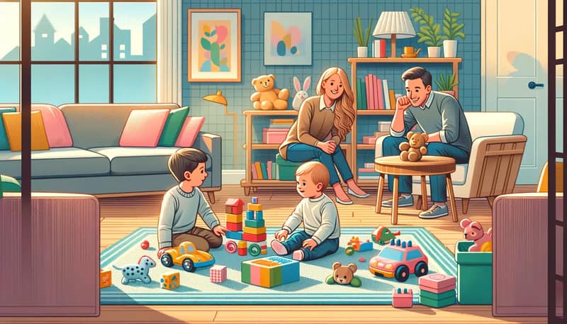 enfant jouant avec des jouets colorés dans un salon, illustrant un environnement de coéducation parentale épanouissant