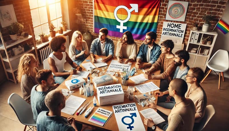 Un groupe diversifié de personnes LGBTQ+ réunies autour d'une table, engageant une discussion animée sur l'insémination artisanale